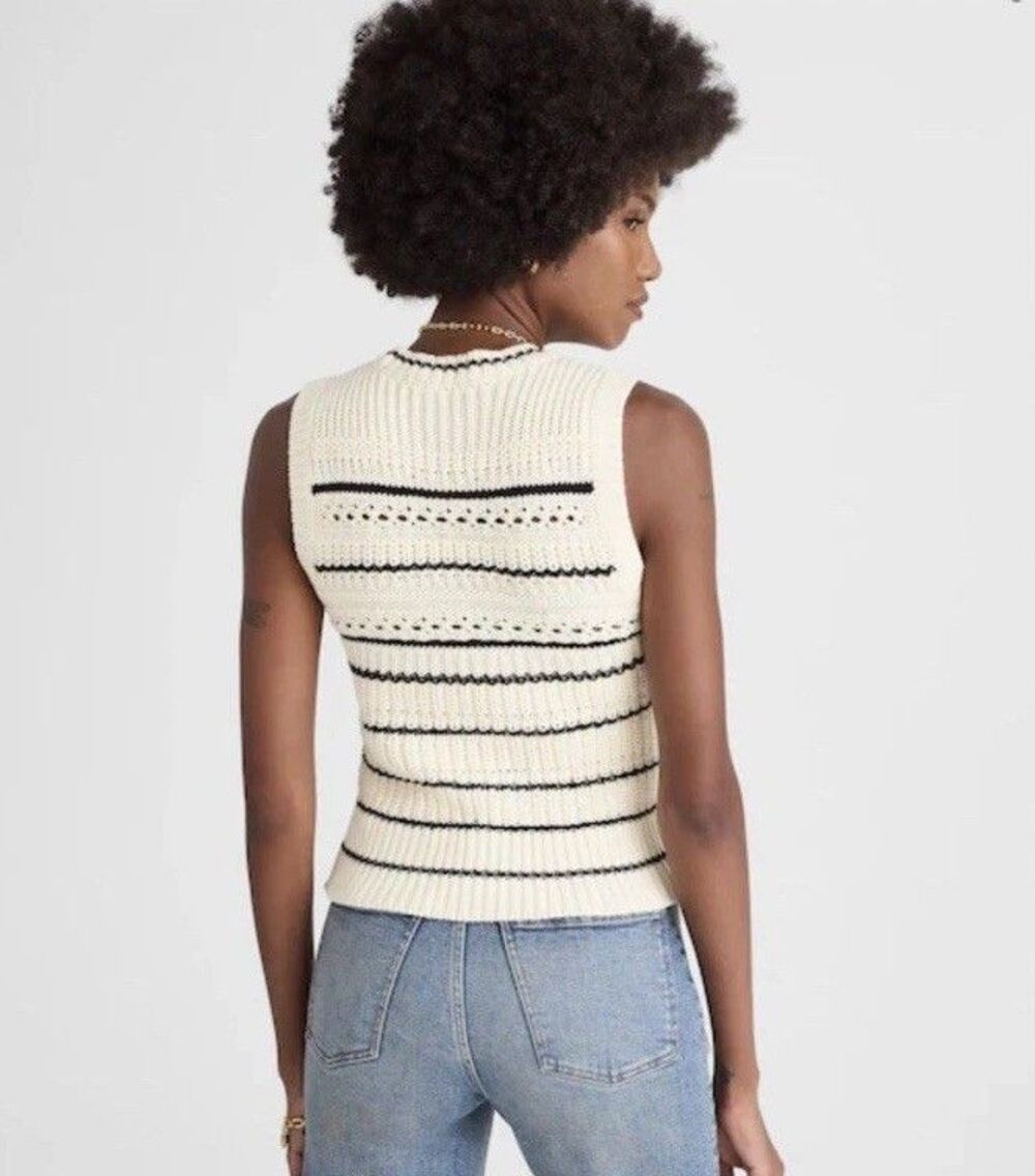 Madewell Cotton Sweater Vest Medium Cream Jet Black Mini Striped Knit Minimalist - Picture 11 of 11